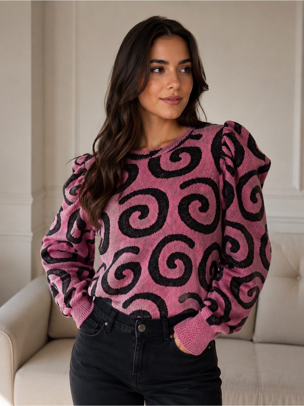Zara Pink and Black Spiral Knit Pullover